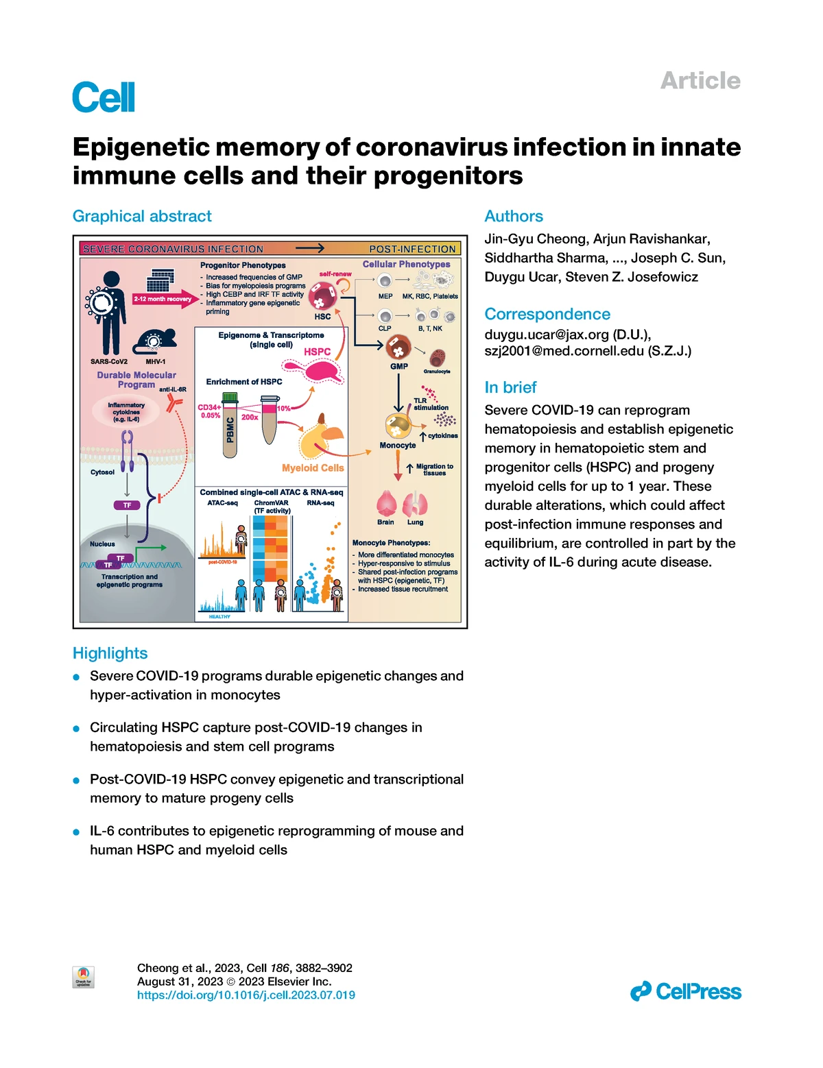 Cell Article - nnnnnnnn - Article Epigenetic memory of coronavirus  infection in innate immune cells - Studocu