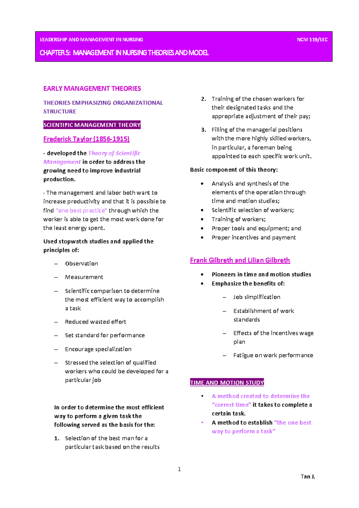 NCM 119 Chapter 5 Noots Revised - 1 EARLY MANAGEMENT THEORIES THEORIES ...