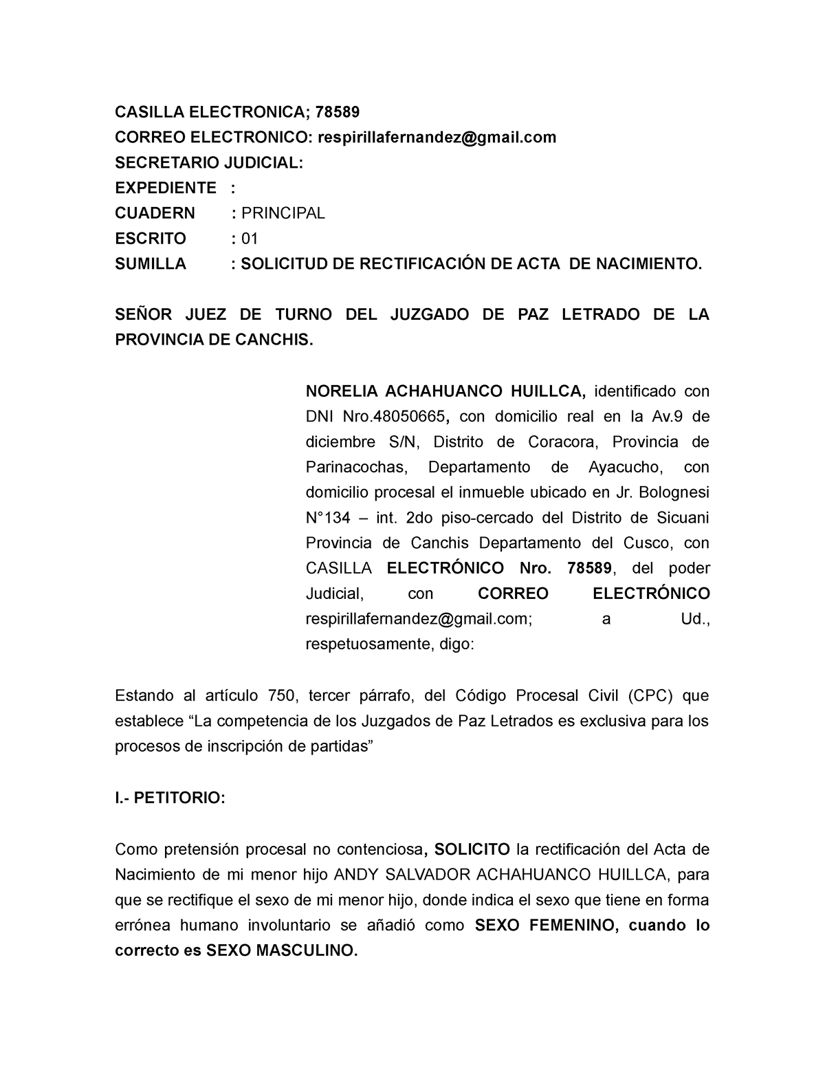 Rectificación de acta de nacimiento norelia - CASILLA ELECTRONICA ...