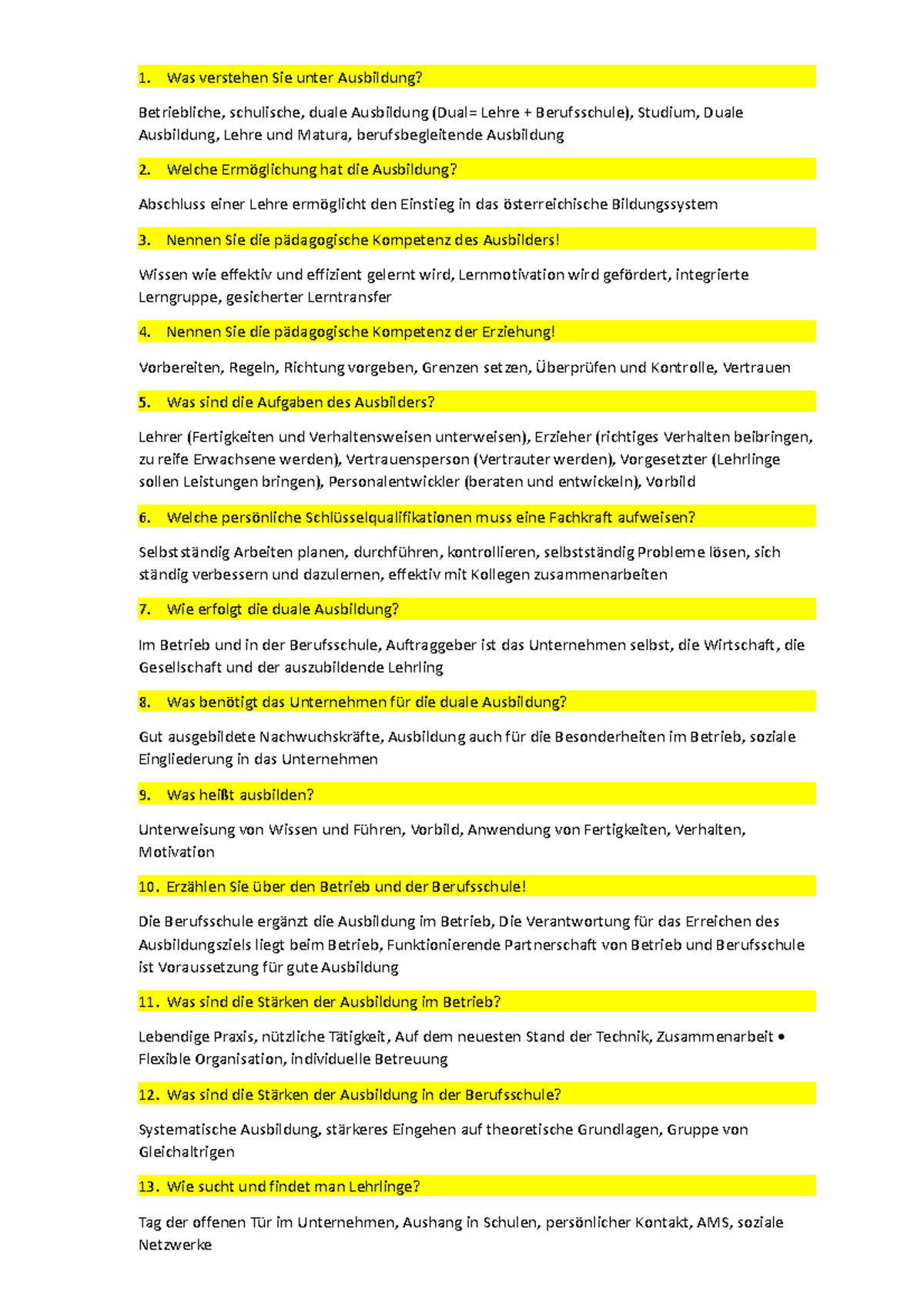 Prüfungsfragen Ausbilder Was verstehen Sie unter Ausbildung