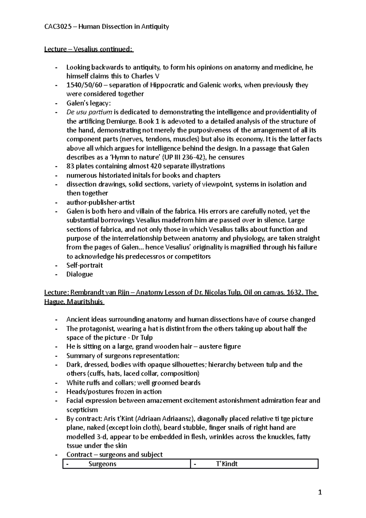 Lecture 10 CAC3025 Human Dissection in Antiquity Lecture Vesalius