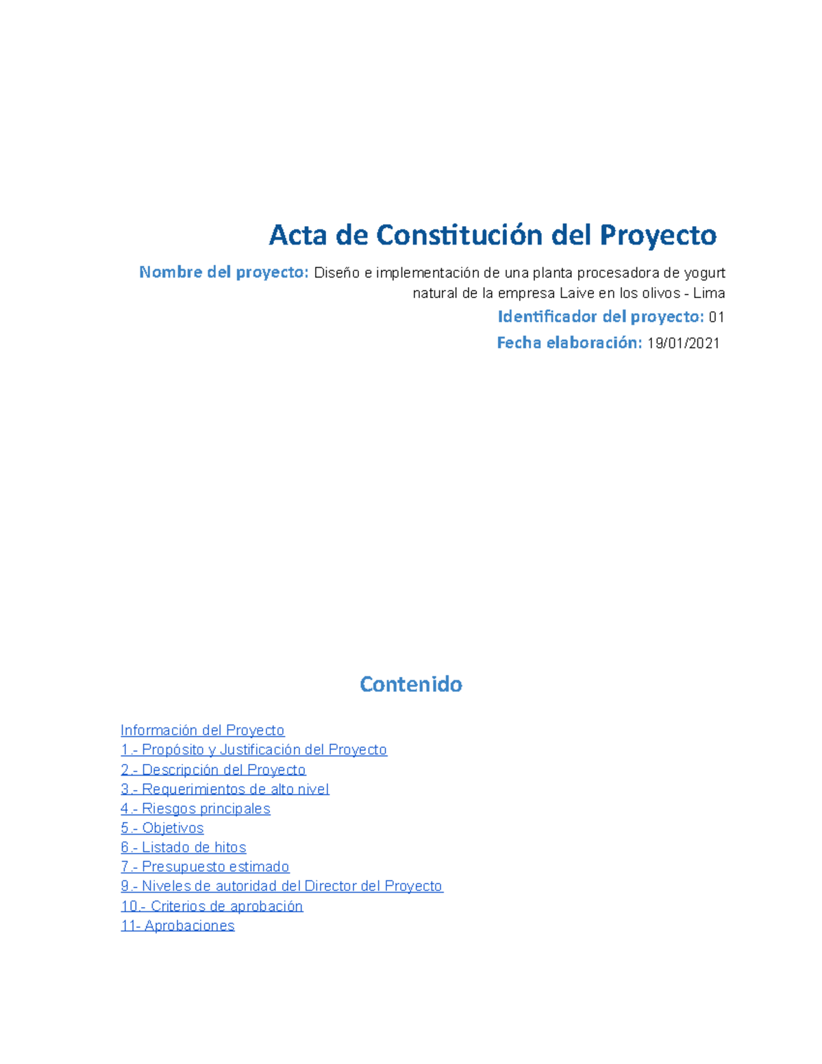 Acta De Constitución Del Proyecto - Nombre Del Proyecto: Diseño E ...