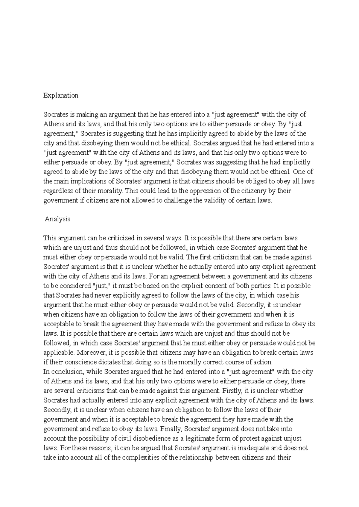 Phil response paper 4 - Explanation Socrates is making an argument that ...