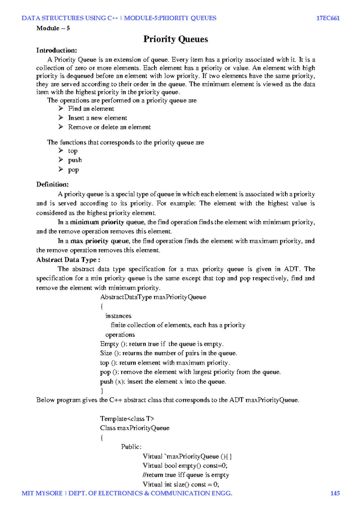 Data Structures Unit-5 - Module – 5 Priority Queues Introduction: A ...