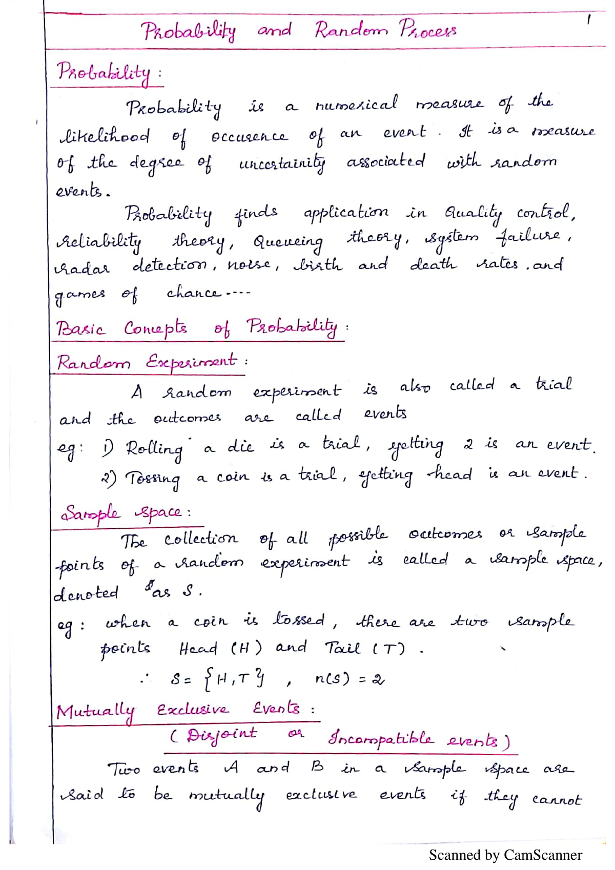 Unit 1 Lecture Notes Probability And Stochastic Processes - Probability ...