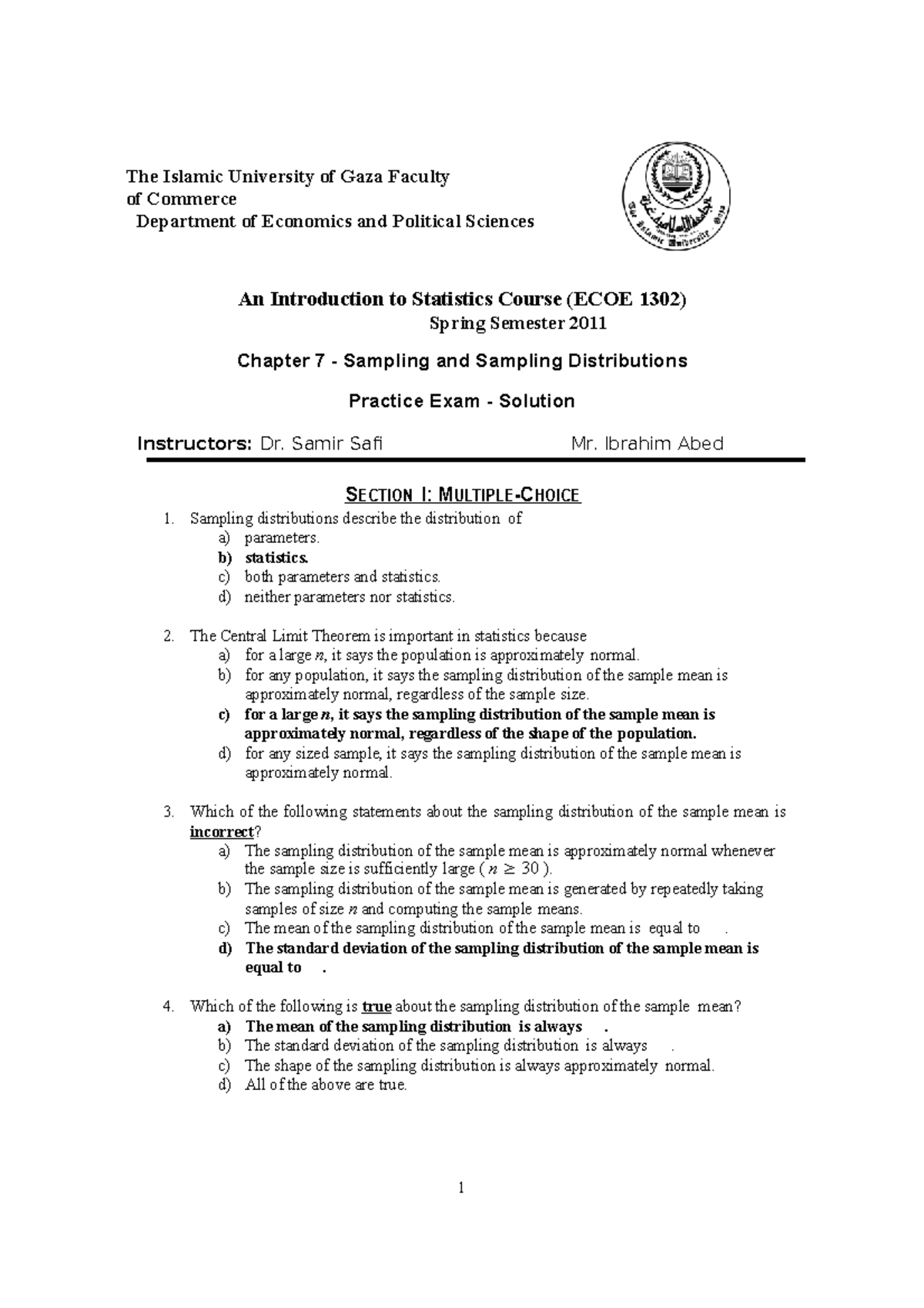 An Introduction to Statistics Course (ECOE 1302) Spring Semester 2011 ...