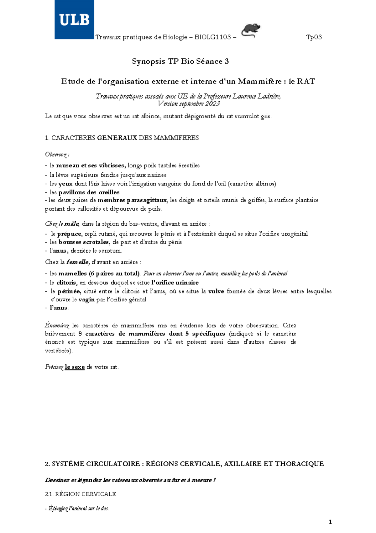 TP Bio 3 -Rat -Synopsis -23-24 - Synopsis TP Bio Séance 3 Etude de l ...