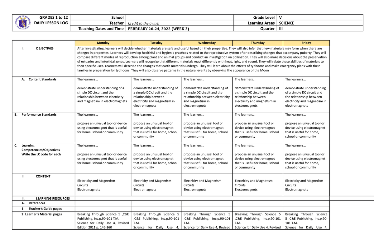 Grade 5 DLL Science 5 Q3 Week 2 - GRADES 1 to 12 DAILY LESSON LOG ...