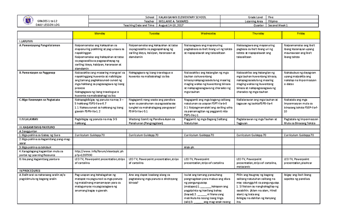 Grade 5 DLL Q2 WEEK 1-ALL Subjects - GRADES 1 To 12 DAILY LESSON LOG ...