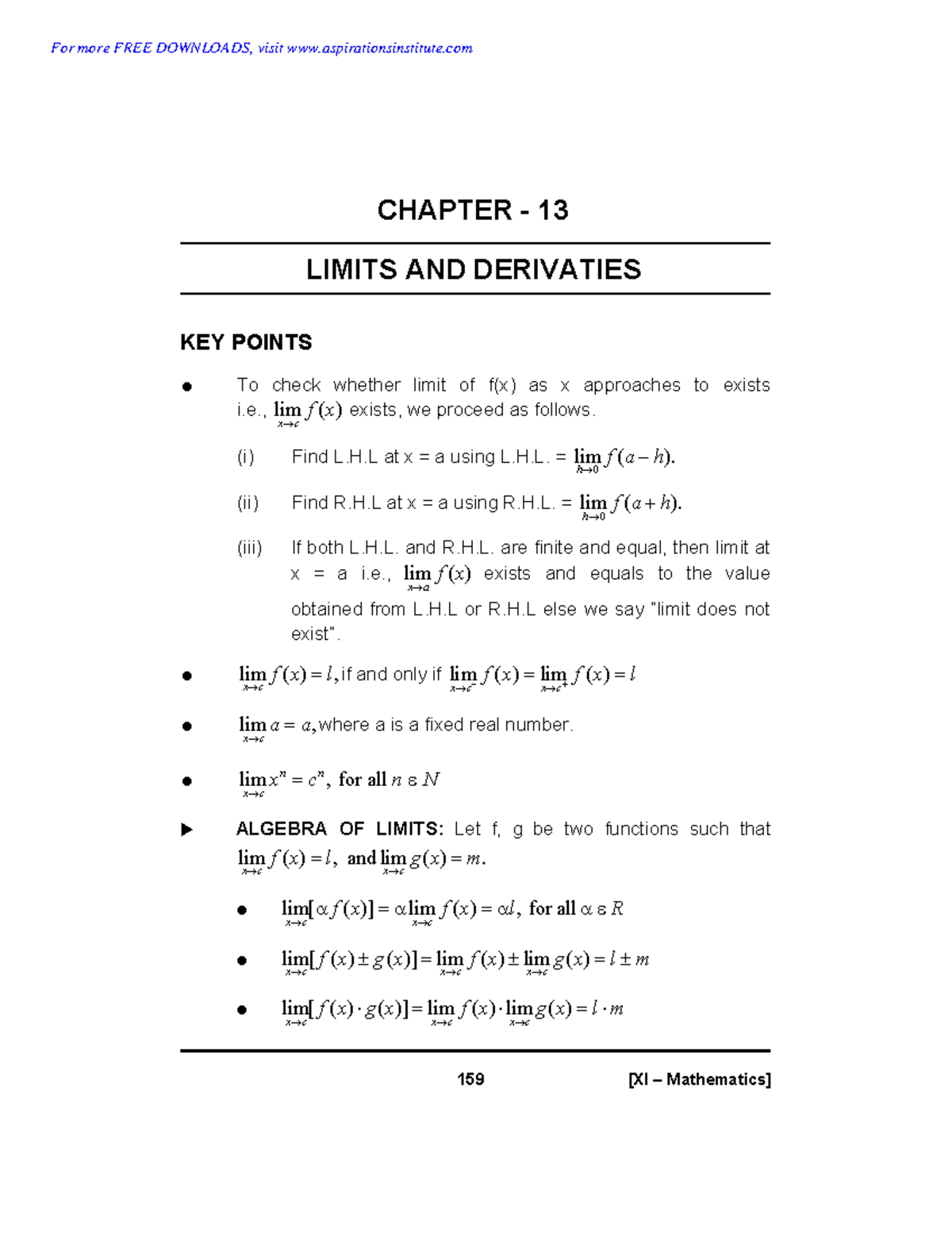 11 Maths Limits and Derivatives Notes Assignments - CHAPTER - 13 LIMITS ...