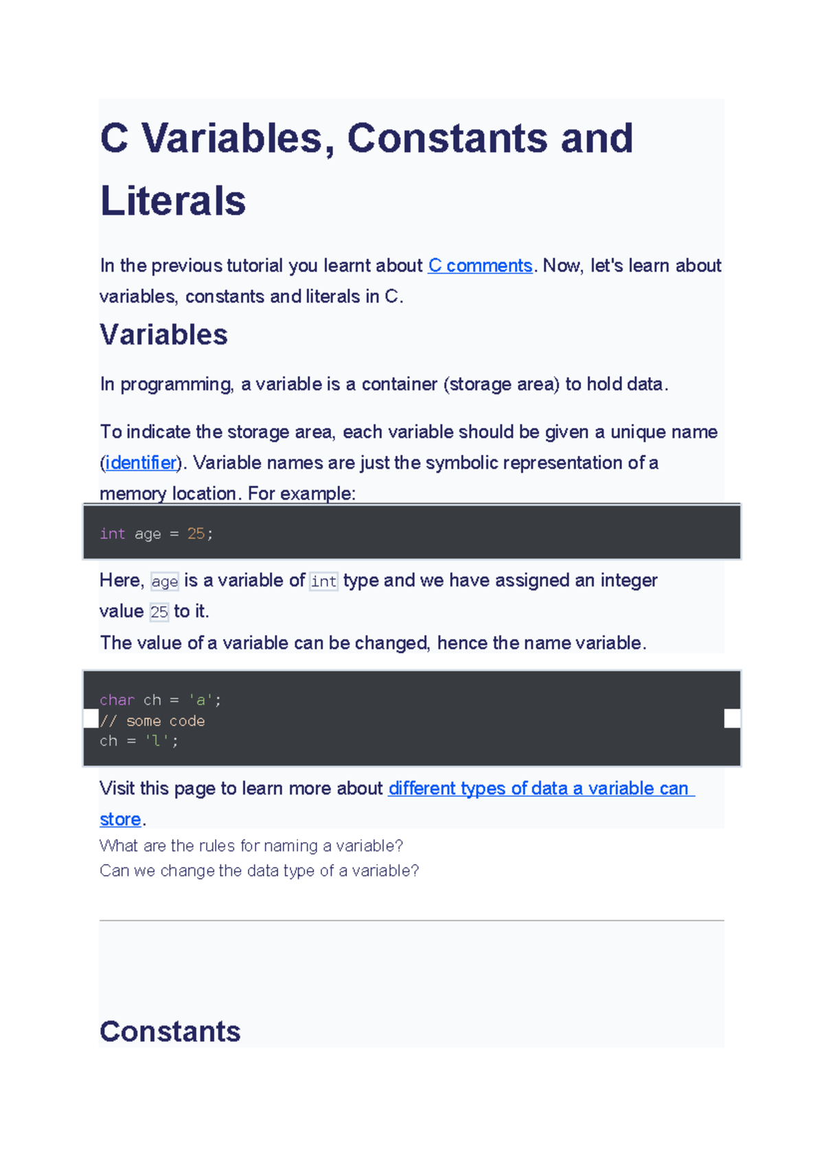 C Variables - Summary of notes from C programming lectures - C ...