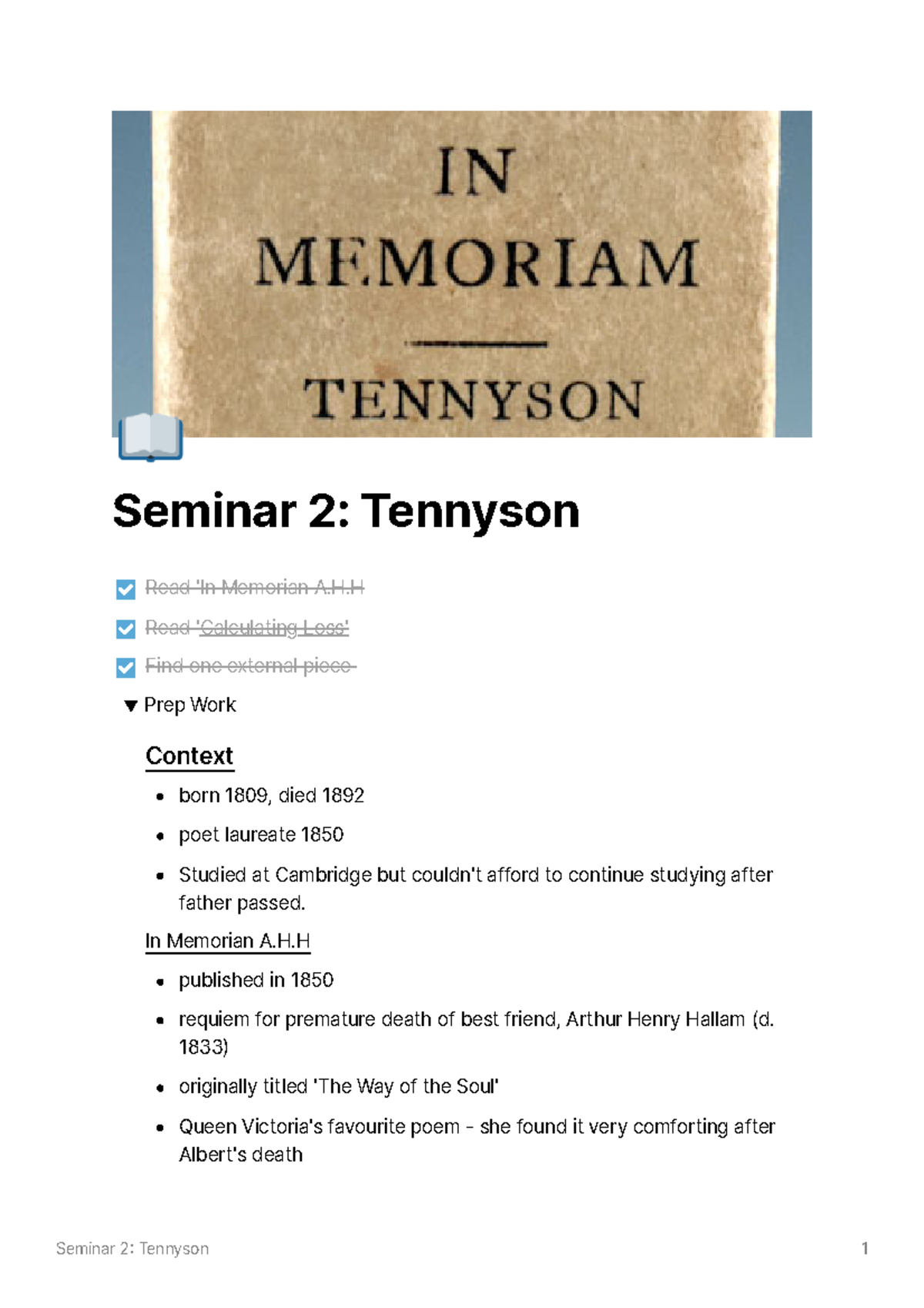In Memoriam A Tennyson 📖 Seminar 2 Tennyson Prep Work Context born