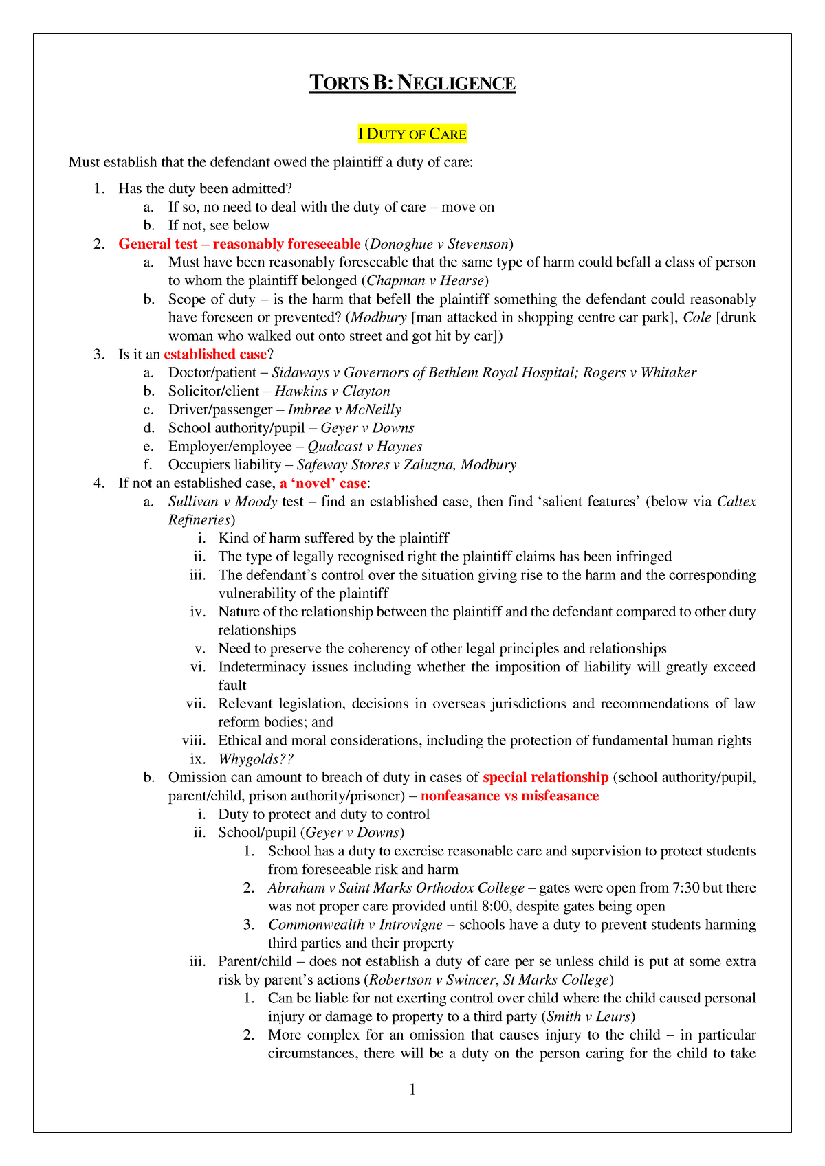 Negligence Notes - TORTS B: NEGLIGENCE I DUTY OF CARE Must Establish ...