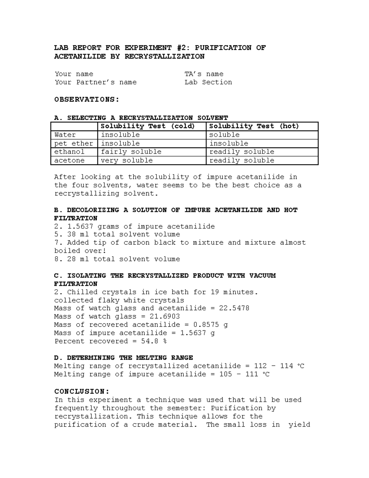 Expt2 lab report LAB REPORT FOR EXPERIMENT 2 PURIFICATION OF