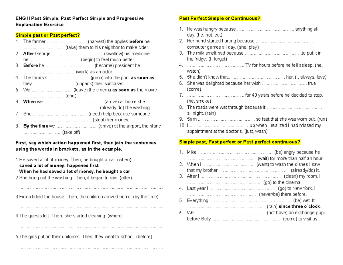 Past Past perfect and Past Perfect Progressive Explanation Exercise ...