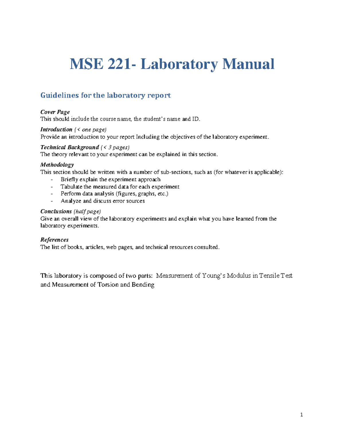 Lab Manual report template 2016 MSE 221 Laboratory Manual Guidelines
