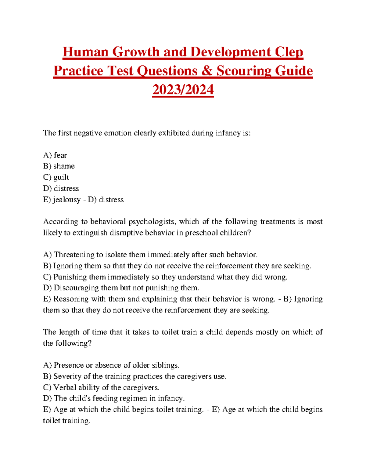 Human Growth and Development Clep Practice Test Questions & Scouring ...