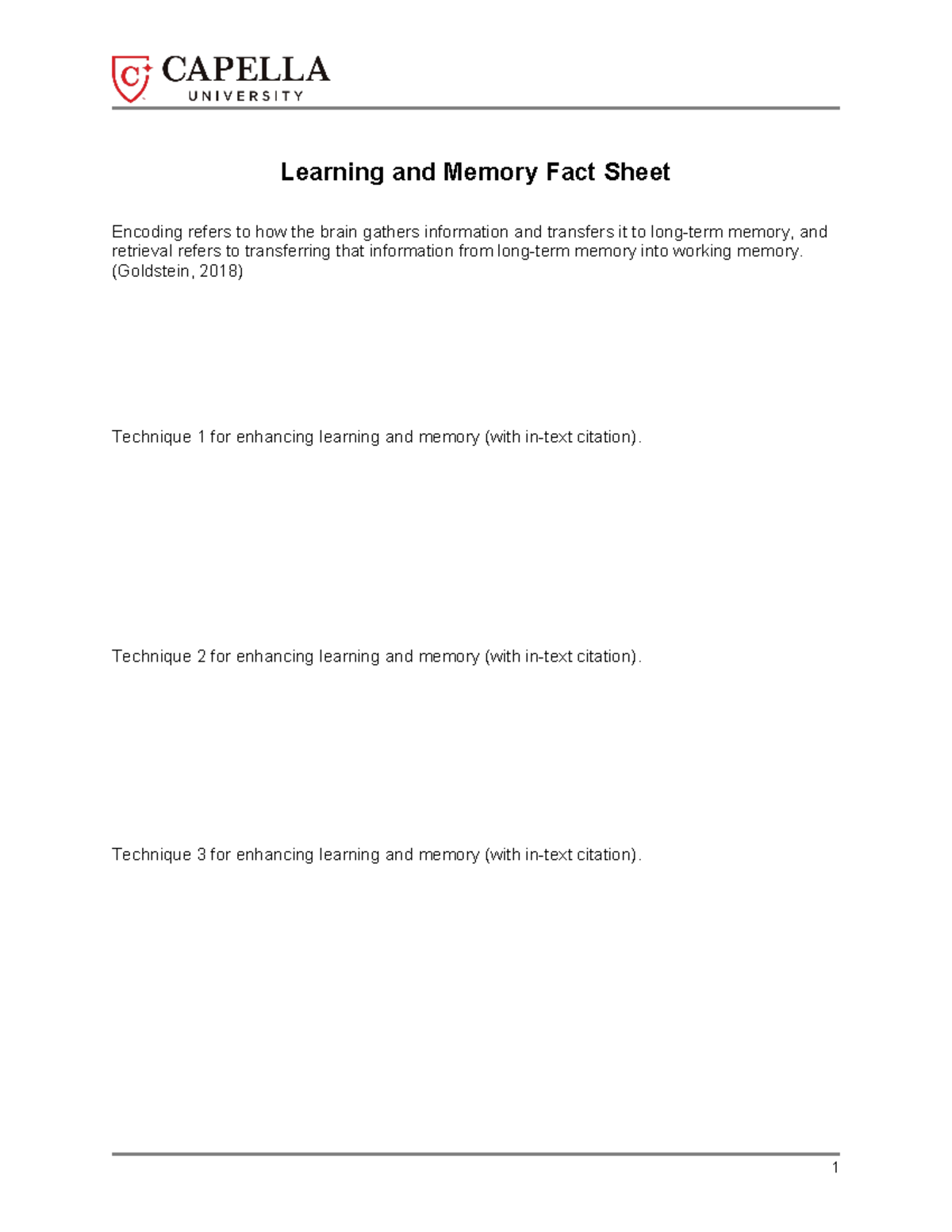 PSYC-FPX3500 Sentlinger Jamie Asessement 4-1 - Learning And Memory Fact ...