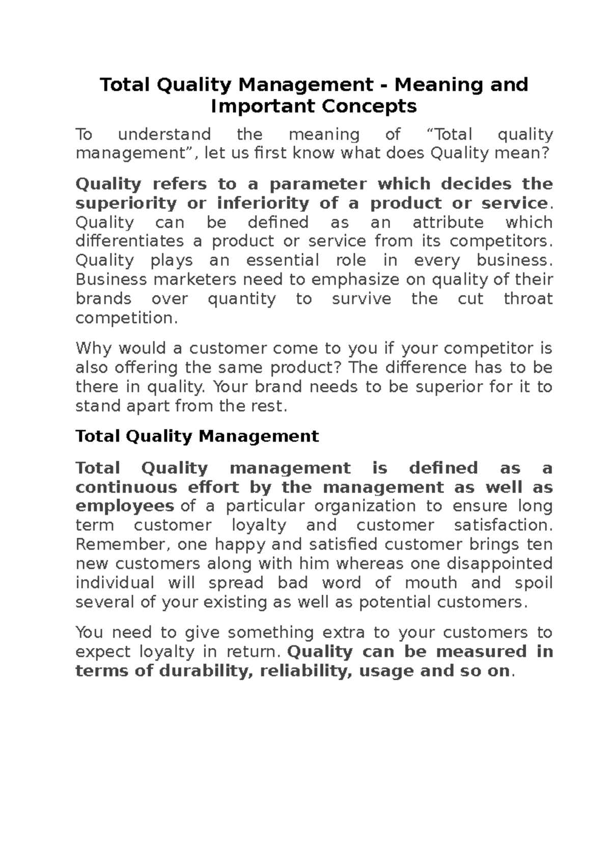 Concepts and Elements of TQM Total Quality Management Meaning and