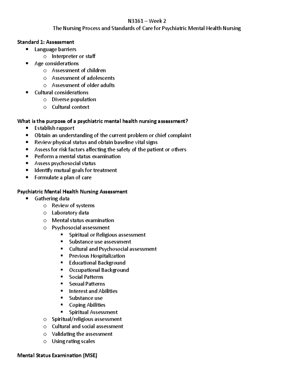 NURS 3161 - Mental Status Assessment - N3161 – Week 2 The Nursing ...