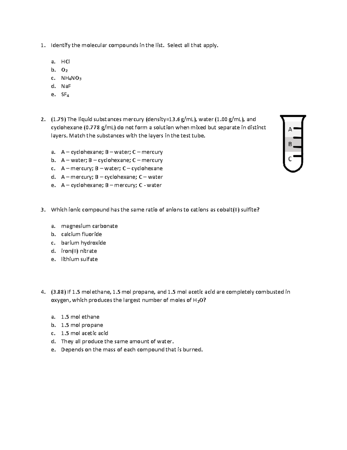 CHEM 1311H F20 Final Exam Rev - Remote - Identify the molecular ...