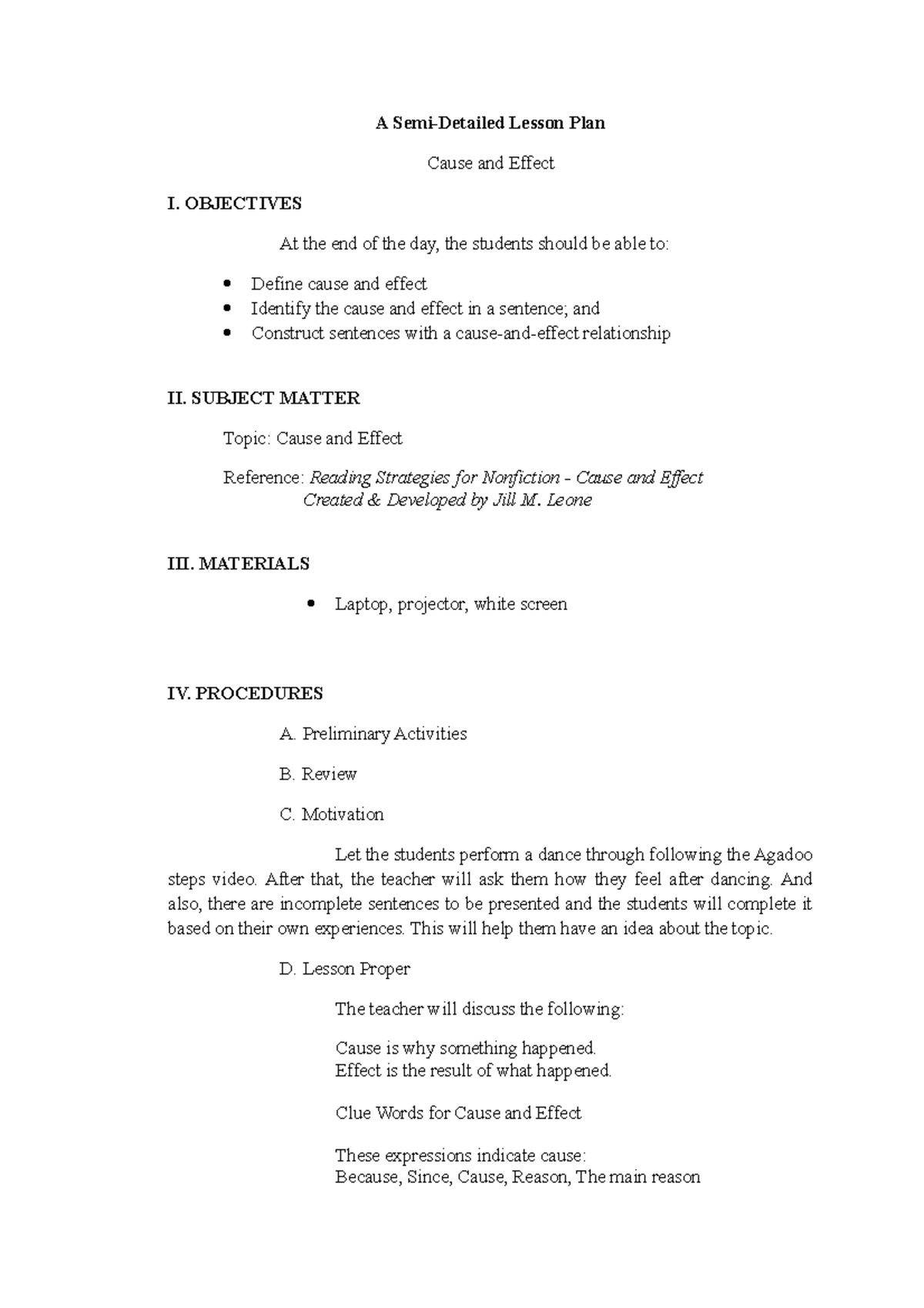 Cause And Effect Semi detailed Lesson Plan A Semi Detailed Lesson