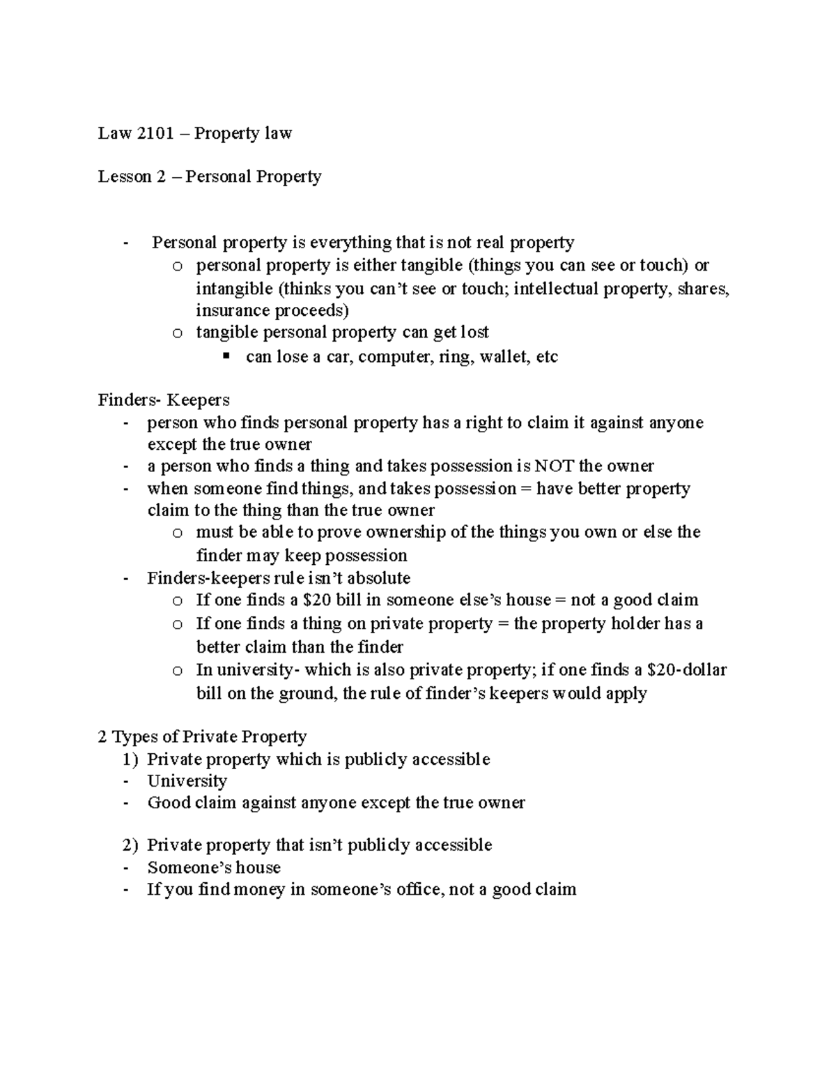 Law 2101 Lesson2 Personal Property Law 2101 Property law Lesson