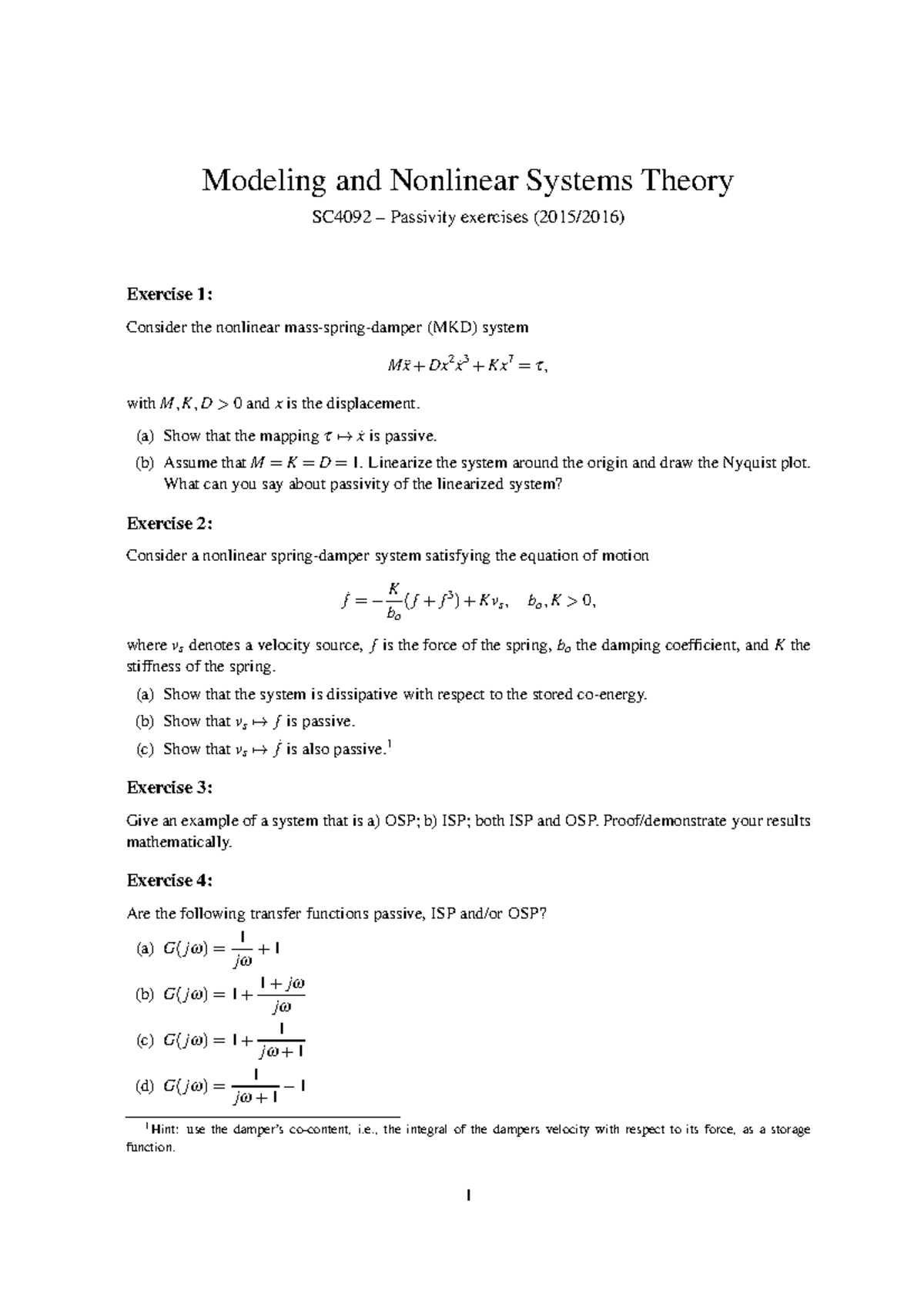 Tutorial Work - Passivity Exercise - Modeling And Nonlinear Systems ...