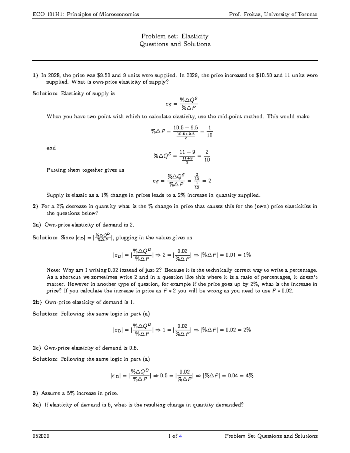 ECO101 Problem Set 4 Elasticity - Problem set: Elasticity Questions and ...