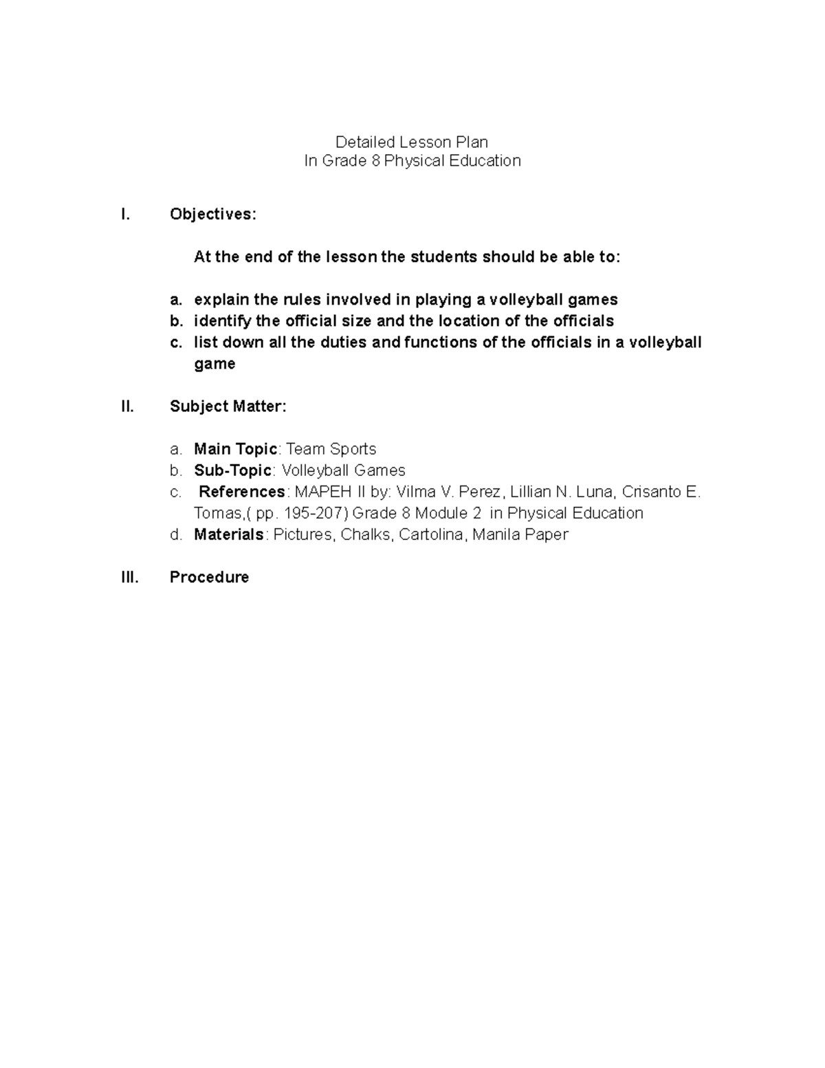 Volleyball Detailed Lesson PLAN Detailed Lesson Plan In Grade 8