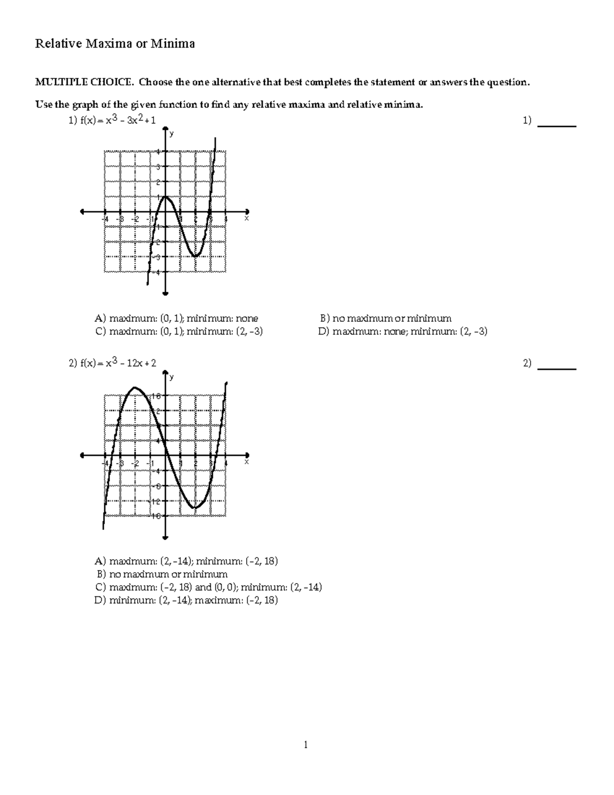 Relative Maxima or Minima - Relative Maxima or Minima MULTIPLE CHOICE ...