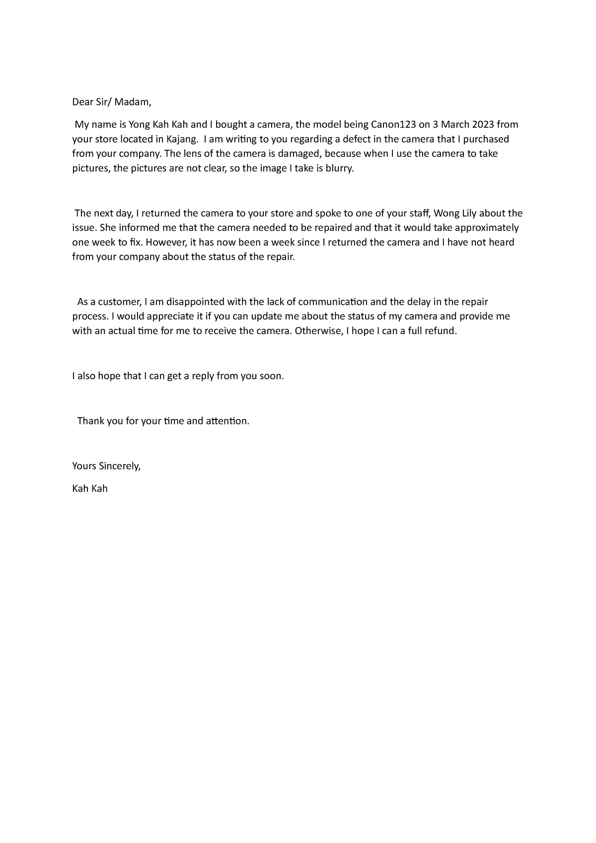 Sem 1 complaint letter - bbhmhggm - Dear Sir/ Madam, your store located ...