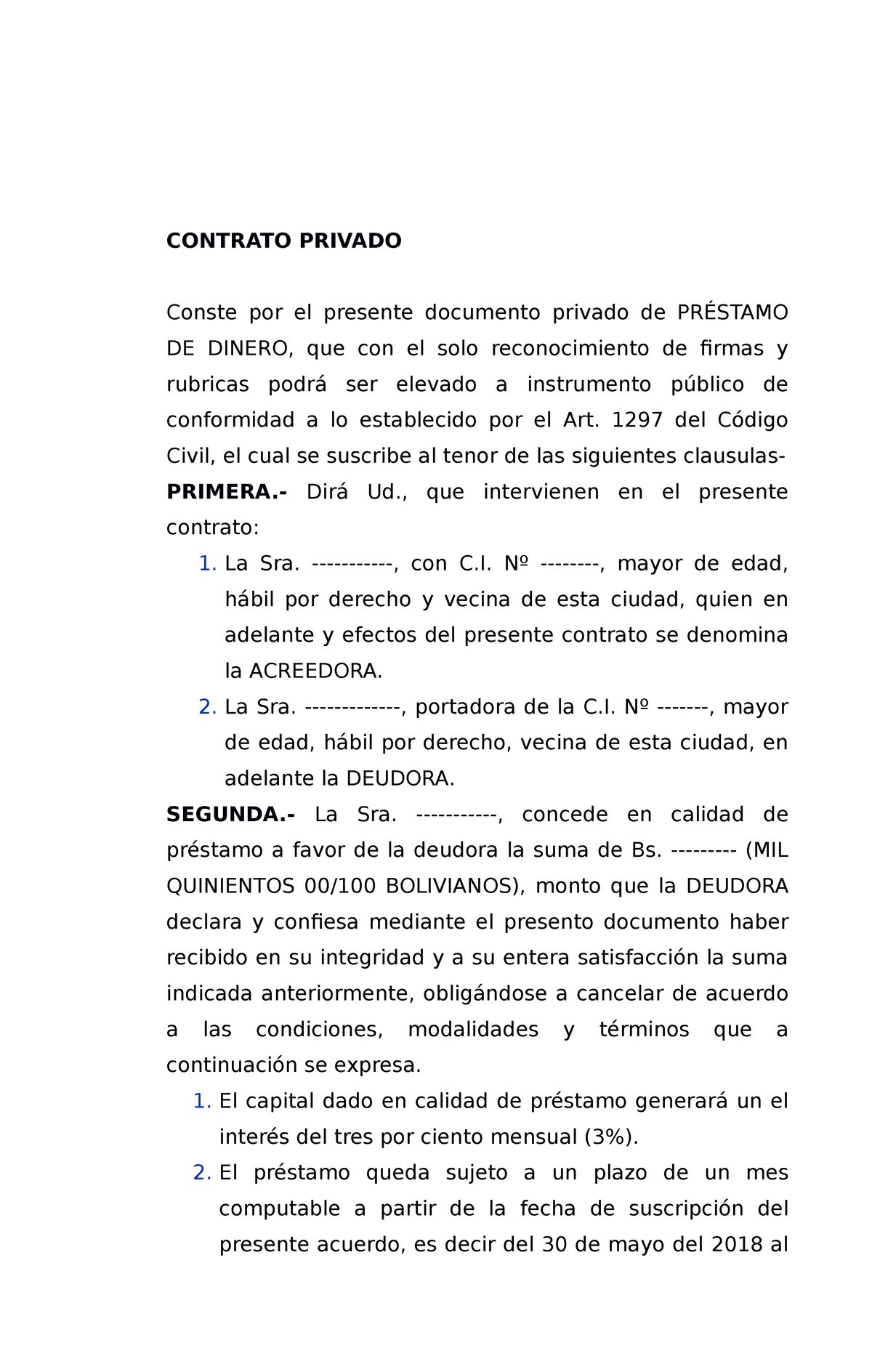 Modelo Prestamo De Dinero Contrato Privado Conste Por El Presente Documento Privado De 1834