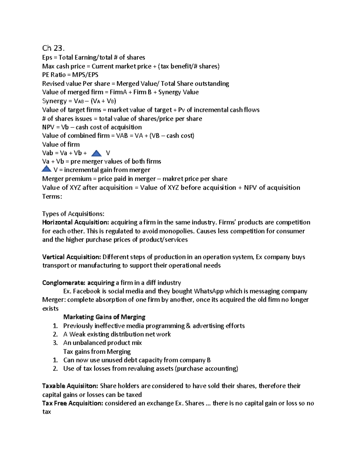 Finance Reference Sheet 2 - Ch 23. Eps = Total Earning/total # of ...