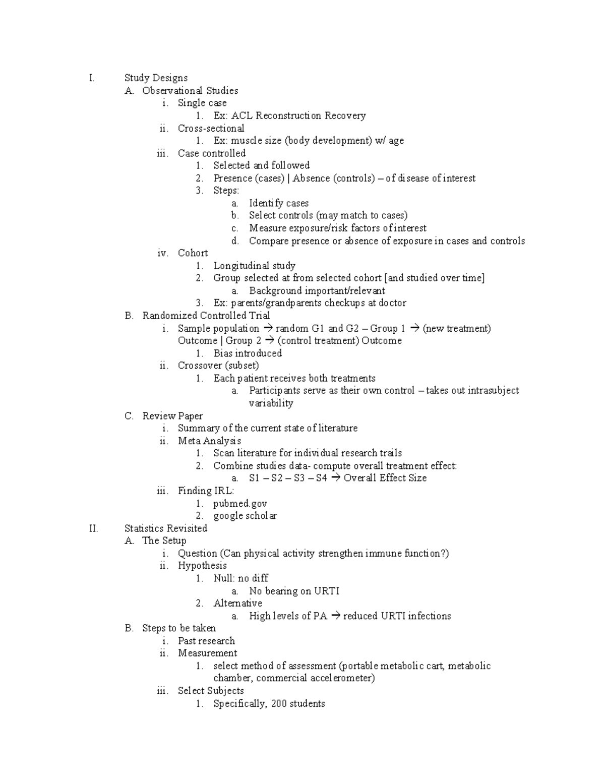 Contemporary Health Issues Midterm 1 Notes - I. Study Designs A 