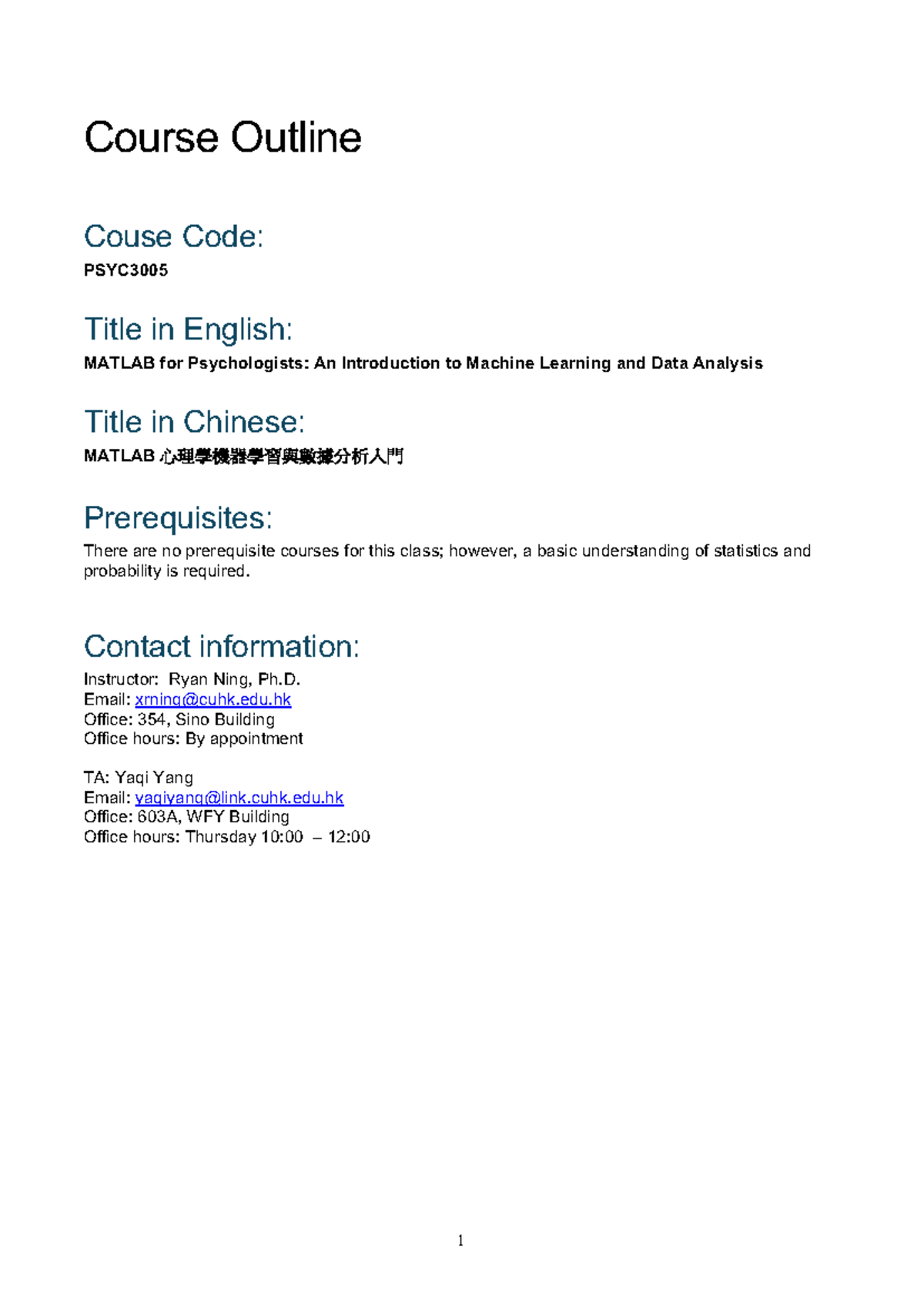 PSYC3005 Course Outline - Course Outline Couse Code: PSYC Title in ...