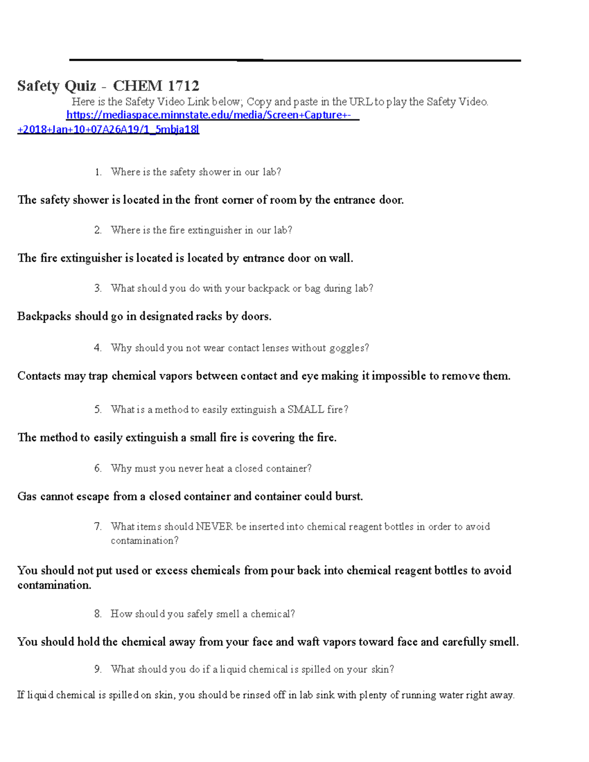 Chem 1712 Safety Contract Safety Quiz CHEM 1712 Here is the Safety