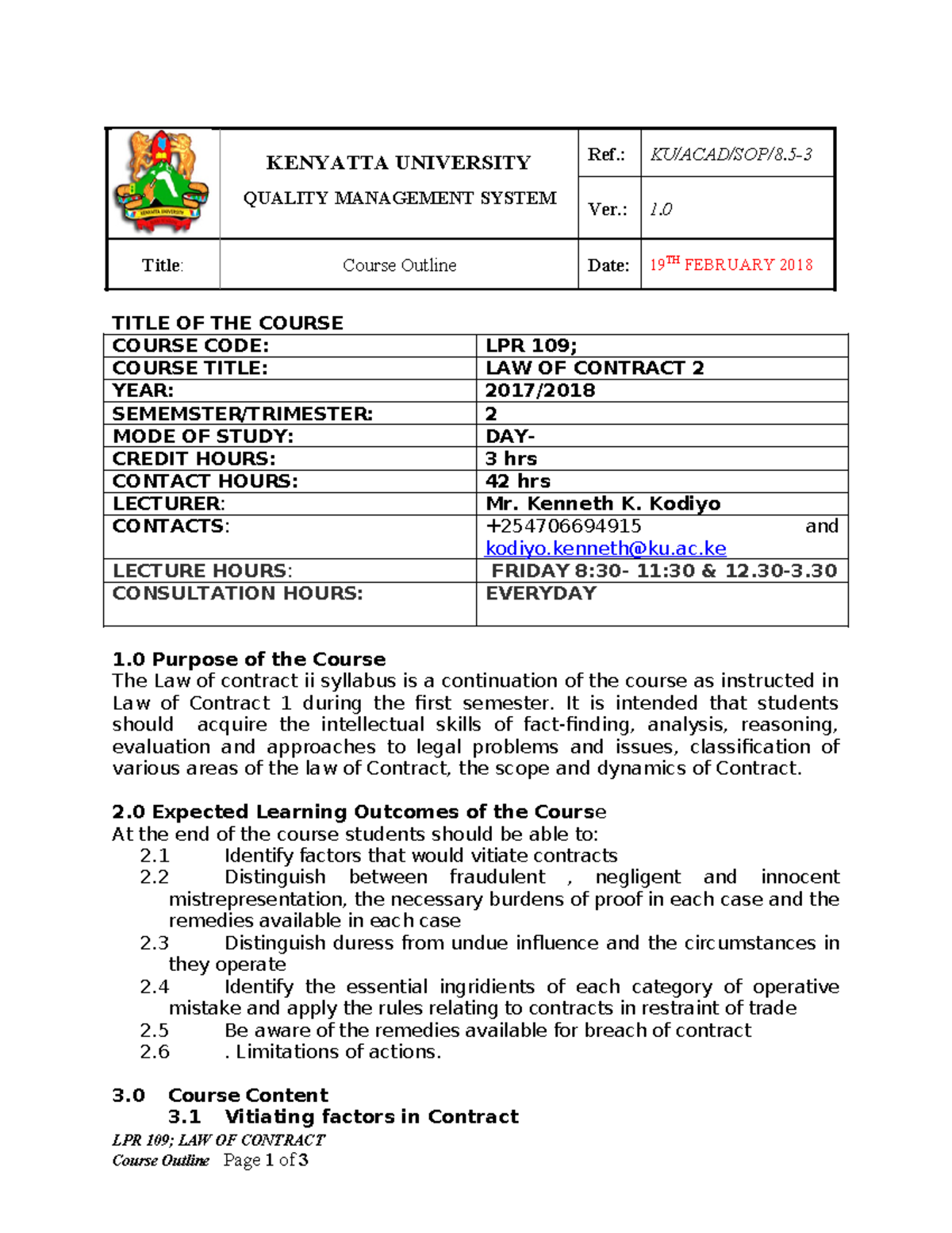 Contract Course Outline - 2 - KENYATTA UNIVERSITY QUALITY MANAGEMENT ...