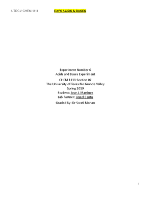 Chemistry Lab Report 1 - Experiment 1 Basic Laboratory Operations The ...