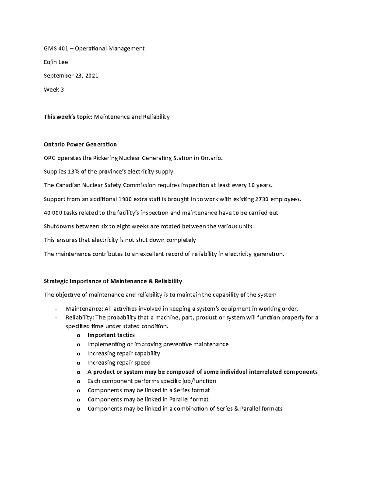 Week 3 Lecture Notes GMS 401 Operation Management - GMS 401 ...