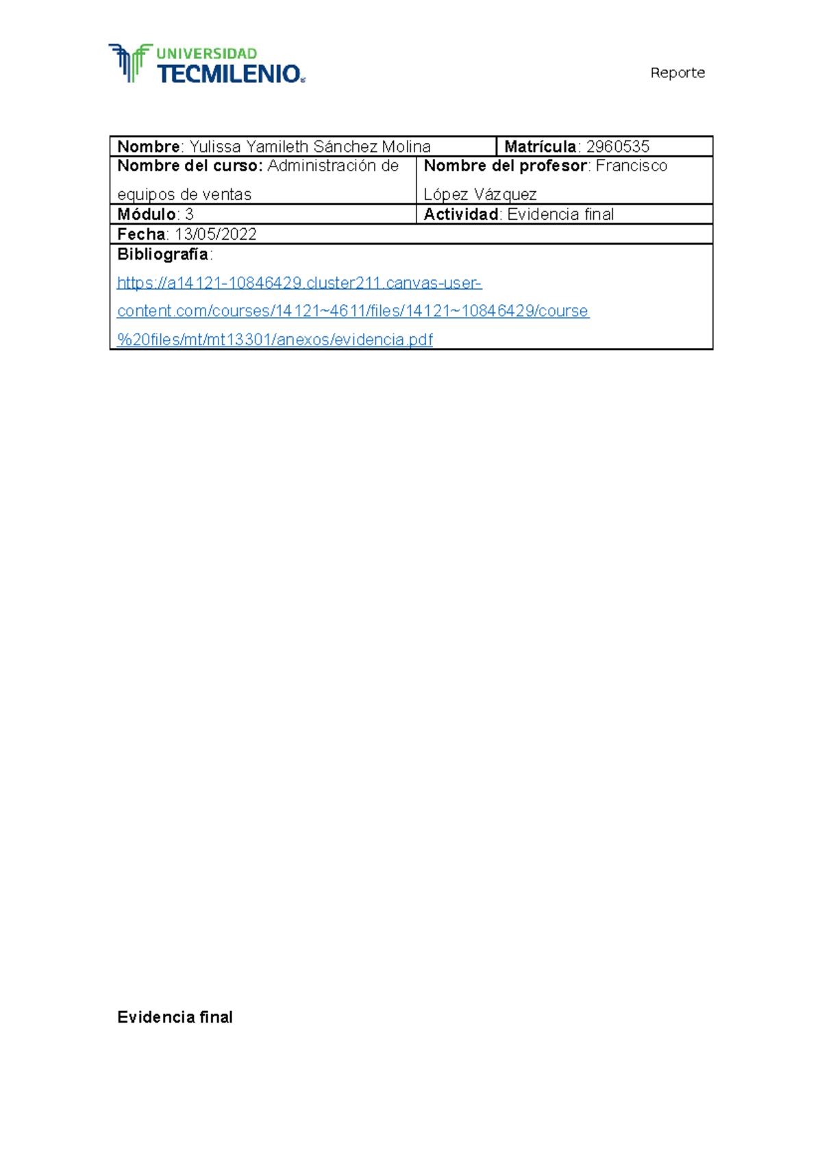 Evidencia Final Aev Nombre Yulissa Yamileth Sánchez Molina