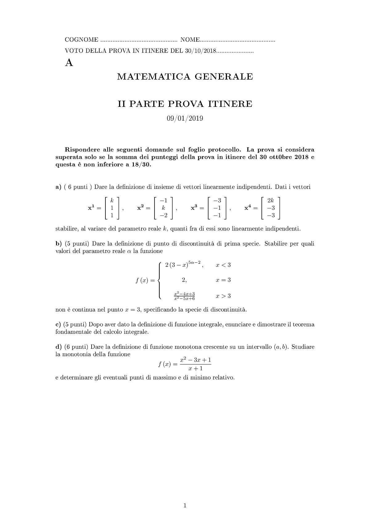 Simulazione Esame Matematica Generale Del 09.01.19 - - Studocu