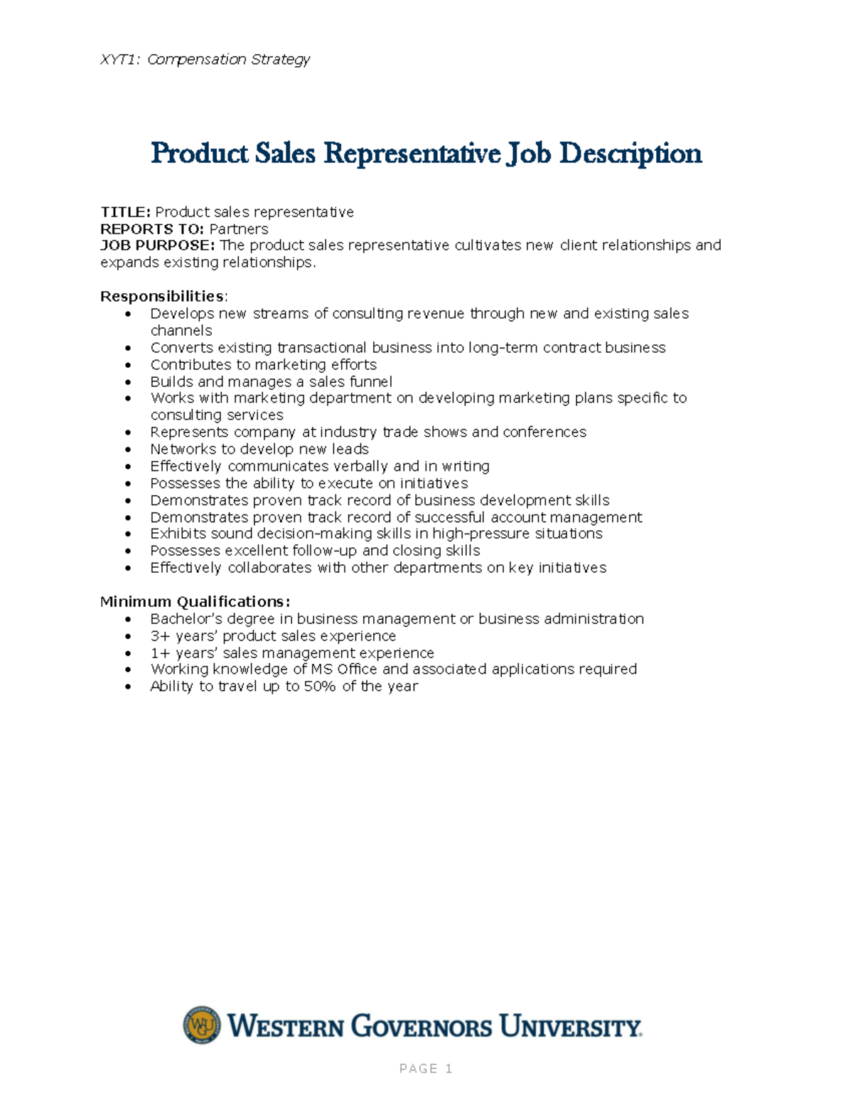 Product Sales Rep Job Description - XYT1: Compensation Strategy PA GE 1 ...