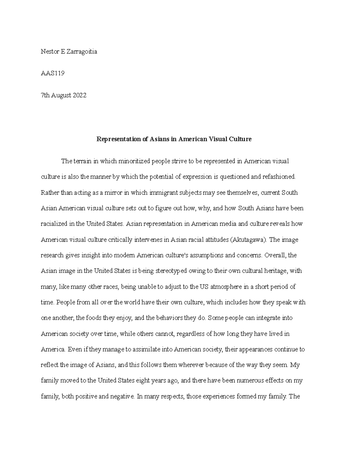 Asian representation in America draft Nestor E Zarragoitia AAS 7th