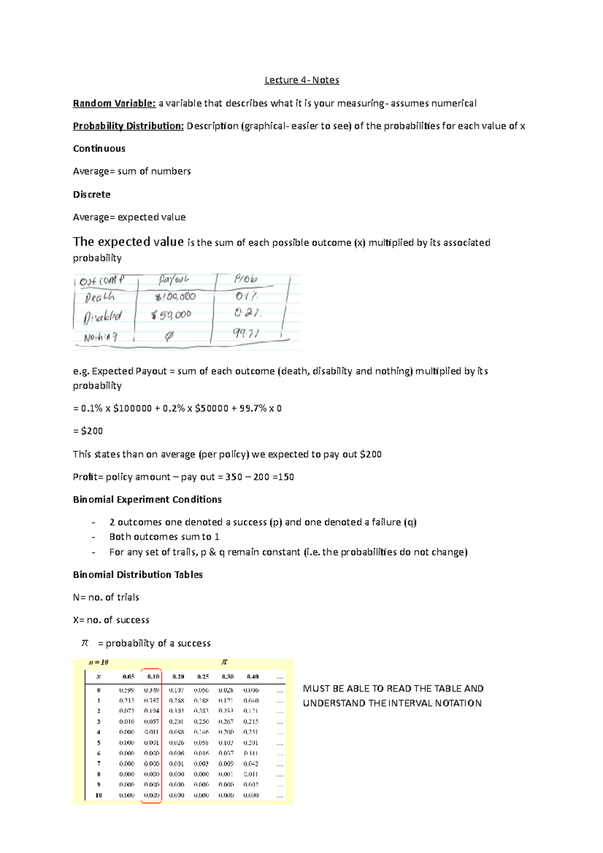 Lecture 4 Notes - Lecture 4- Notes Random Variable: a variable that ...