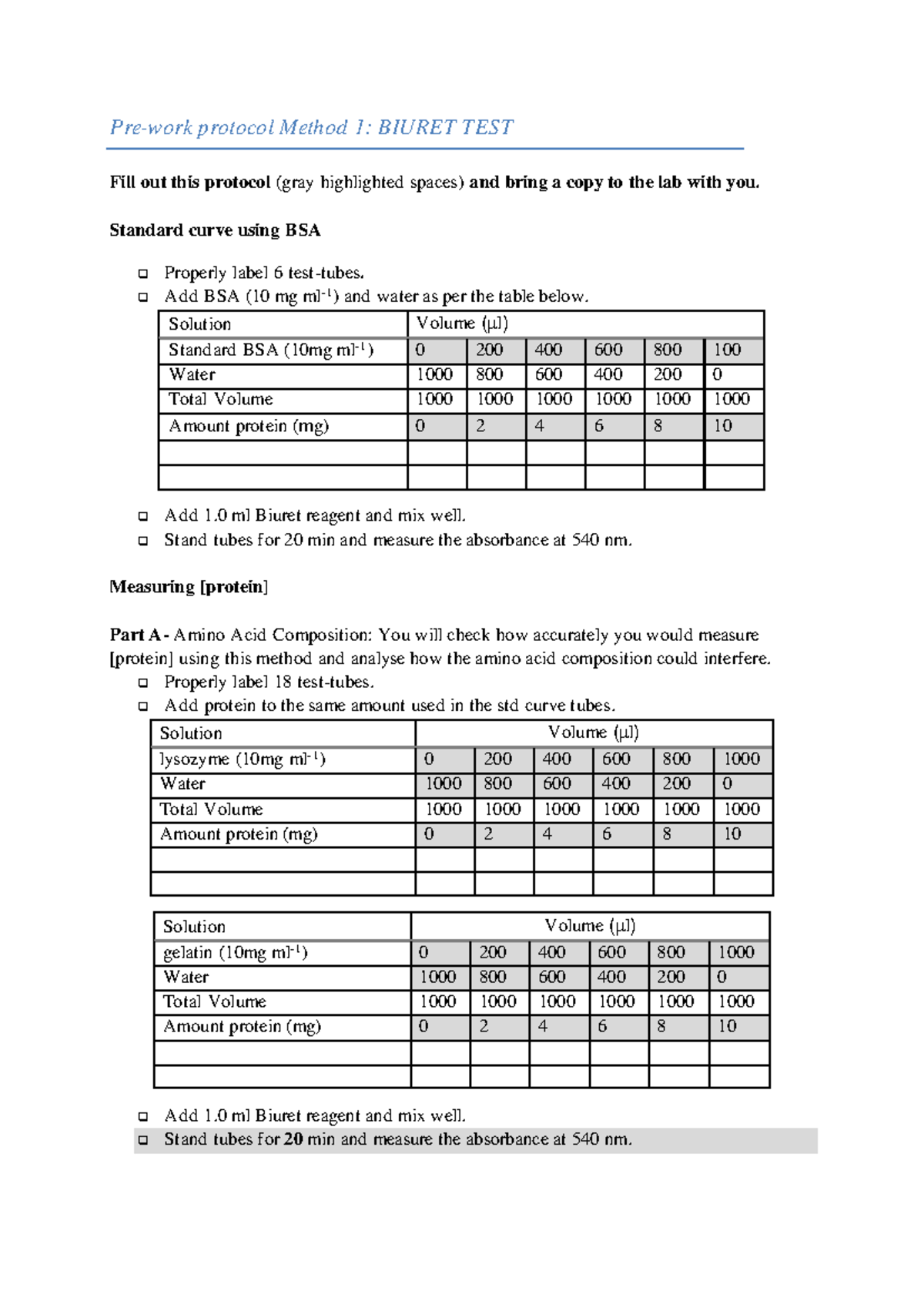 Pre-work protocol method 1 - Standard curve using BSA Properly label 6 ...