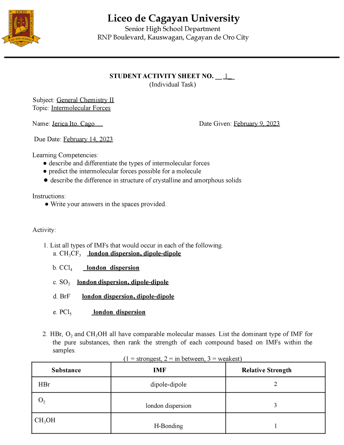 CHEM-2 Worksheet-1Chemistry - Liceo de Cagayan University Senior High ...