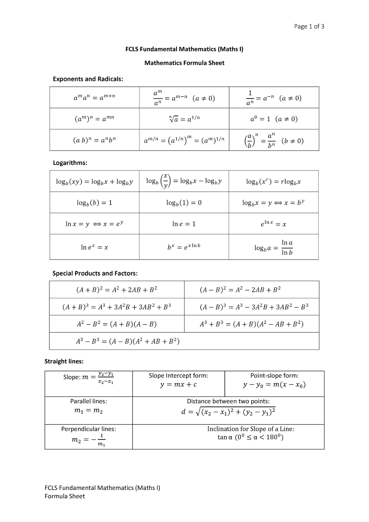 Formula sheet for mathematics - Page 1 of 3 FCLS Fundamental ...