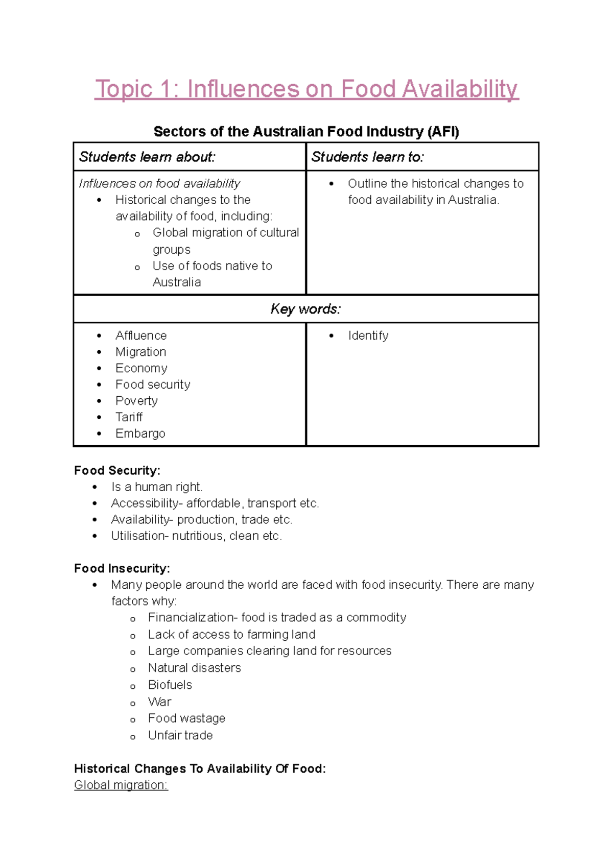 Food Technology Full Prelim Course Notes - Topic 1: Influences on Food ...