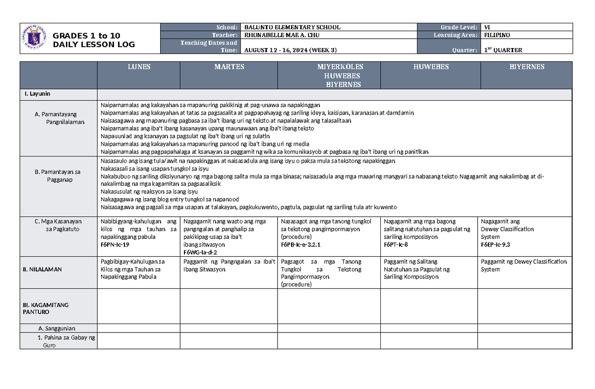 DLL Filipino 6 Q1 W3 - GRADES 1 to 10 DAILY LESSON LOG School: BALUNTO ...